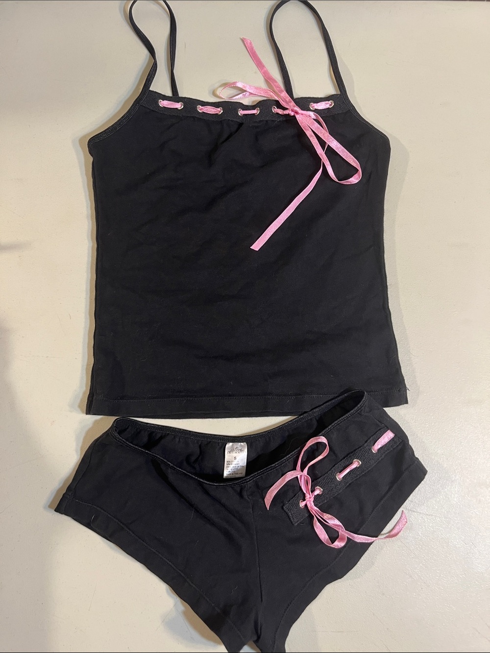 Native Intimates Black Cami & Shorts Set with Pink Ribbon Accents